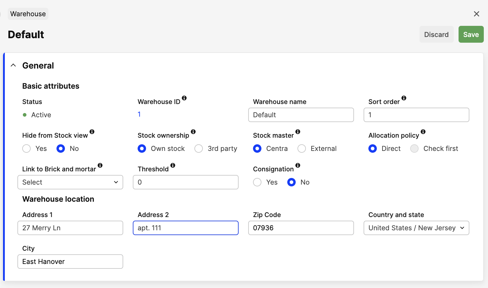 Warehouse setup example